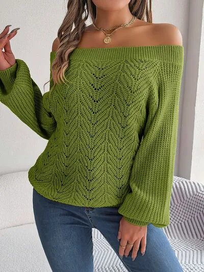 Openwork Off-Shoulder Long Sleeve Sweater