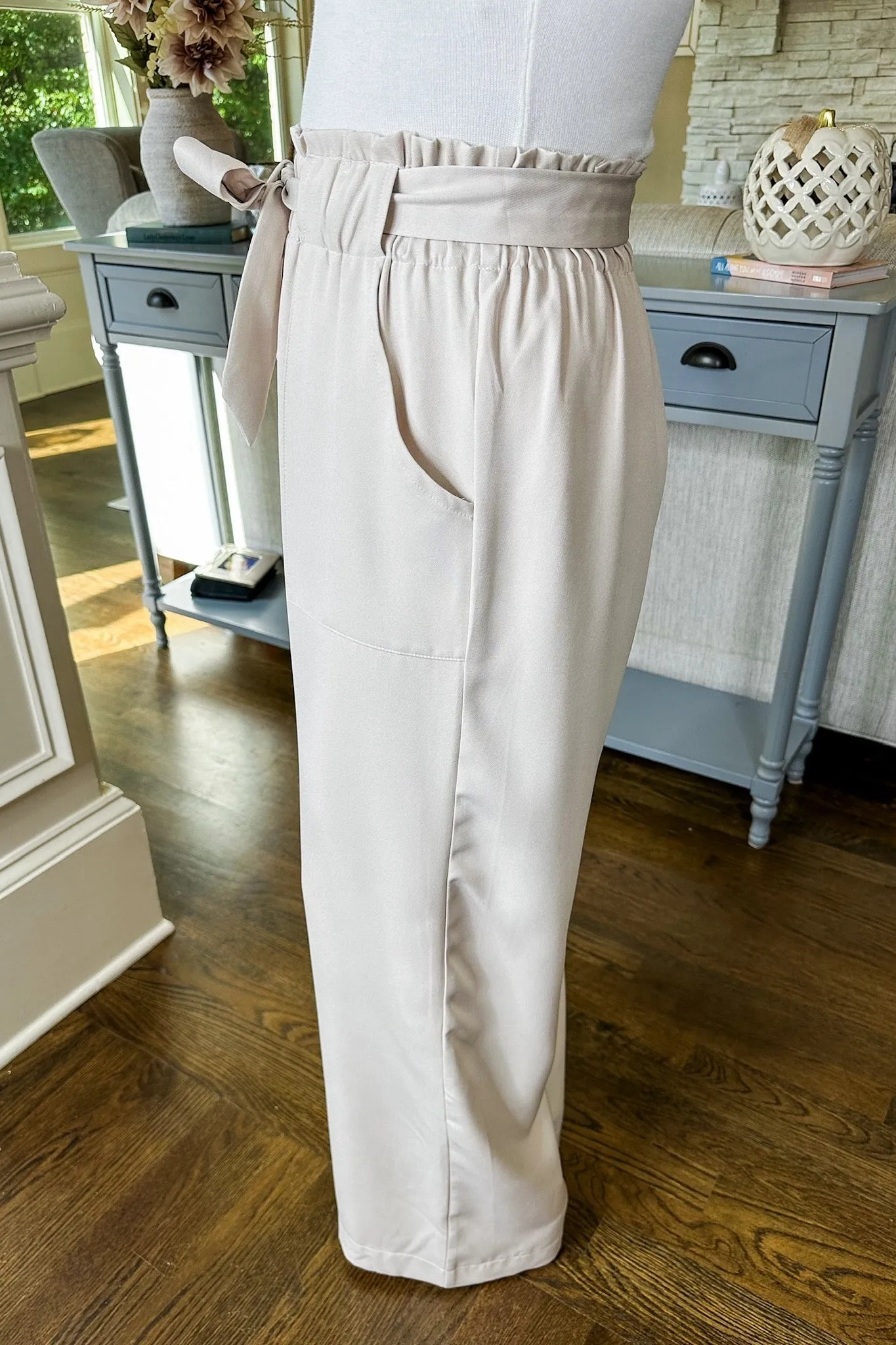 Paperbag Tie Waist Pocketed Dressy Shift Pants in Taupe