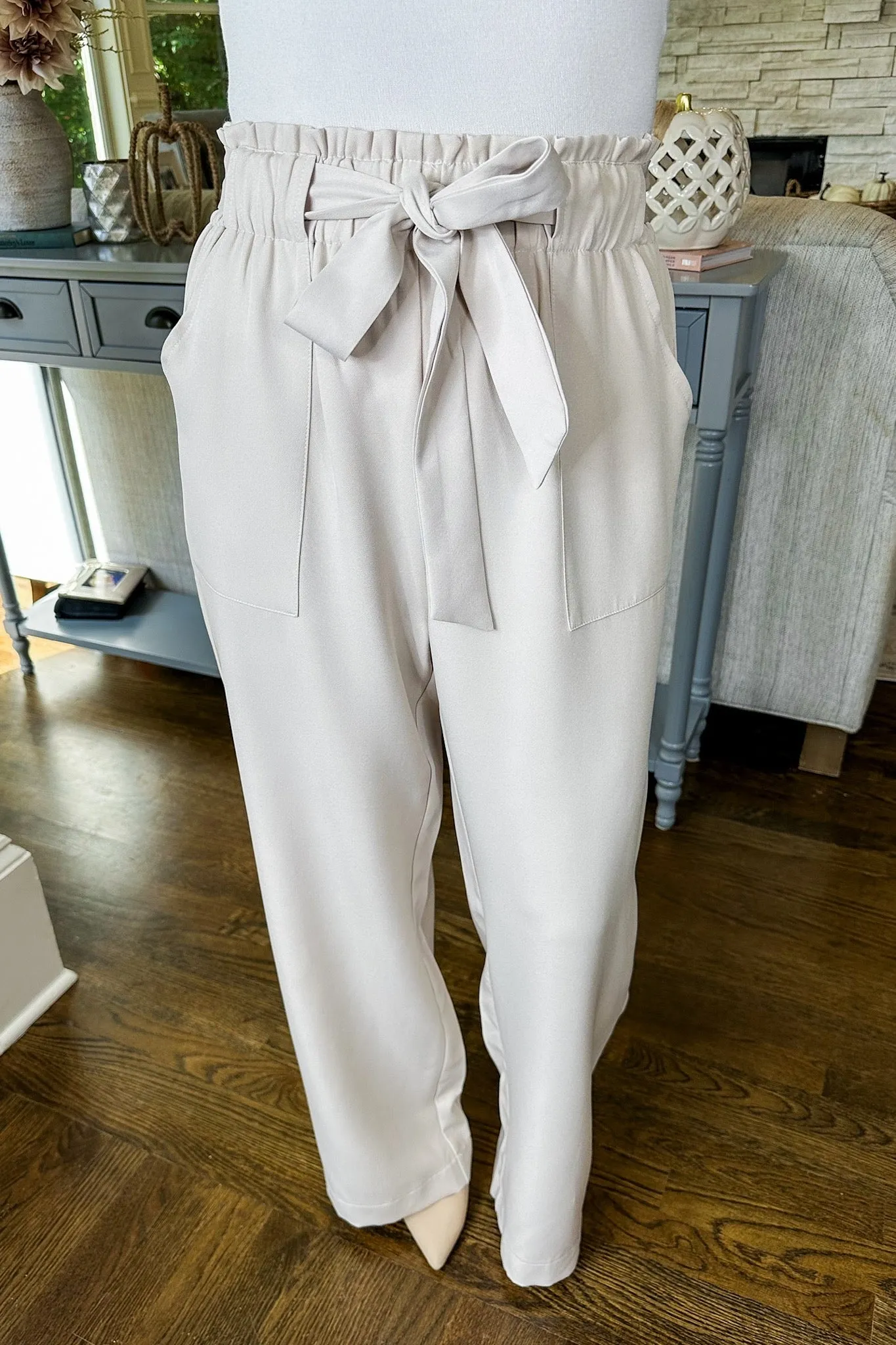 Paperbag Tie Waist Pocketed Dressy Shift Pants in Taupe