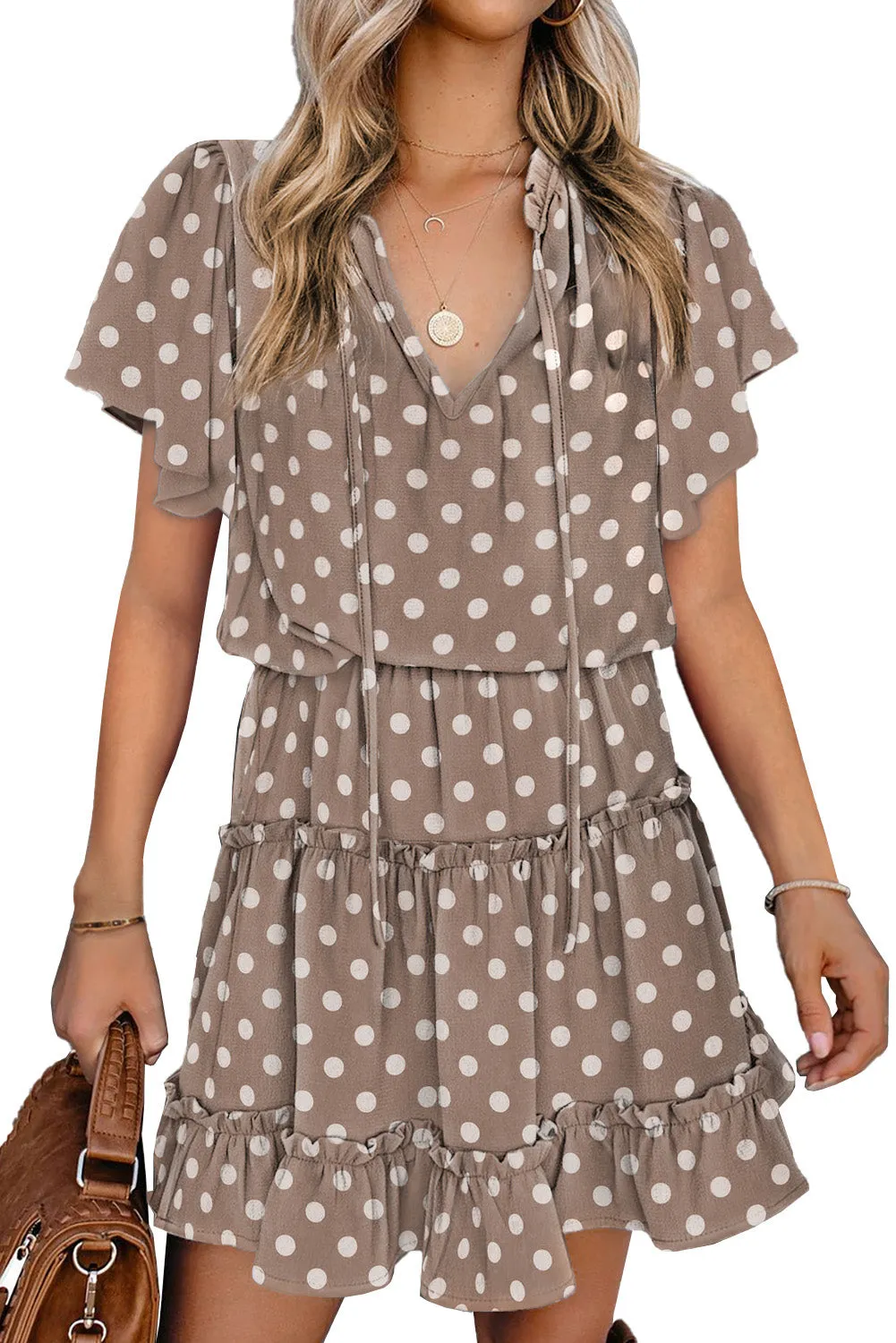 Polka Dot Split Neck Flowy Tiered Mini Dress