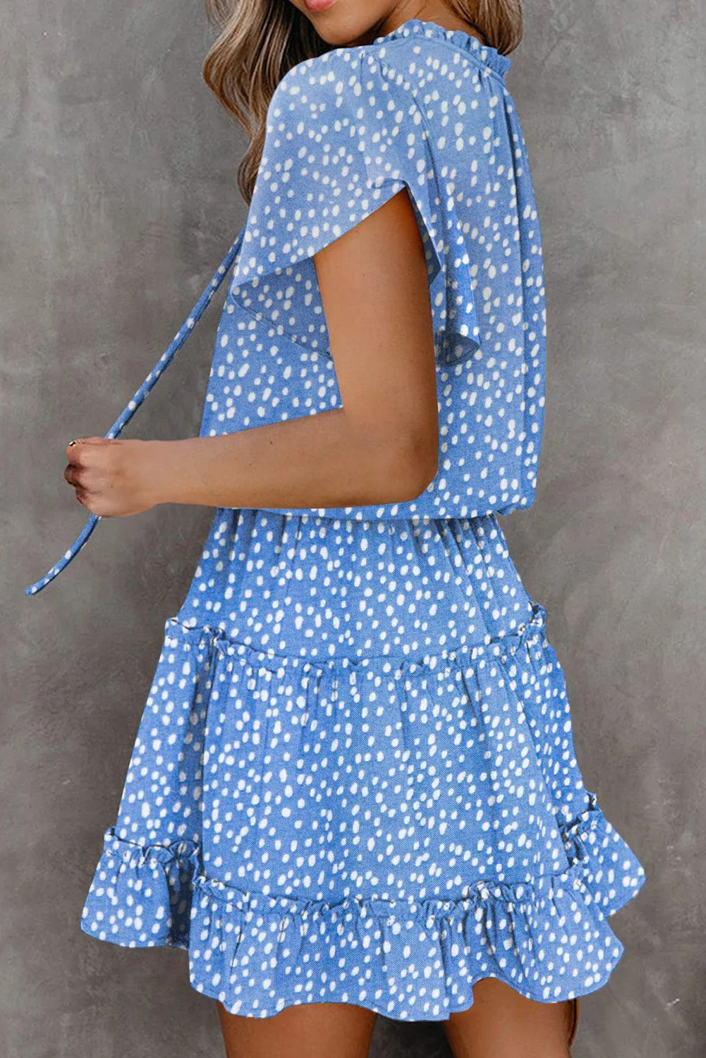 Polka Dot Split Neck Flowy Tiered Mini Dress