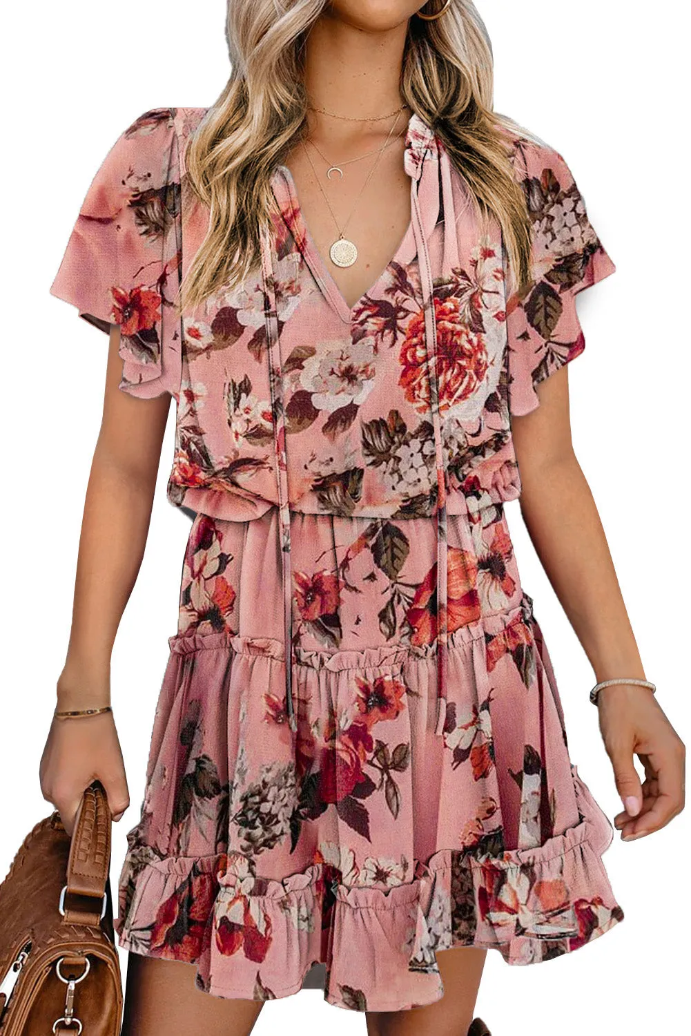 Polka Dot Split Neck Flowy Tiered Mini Dress