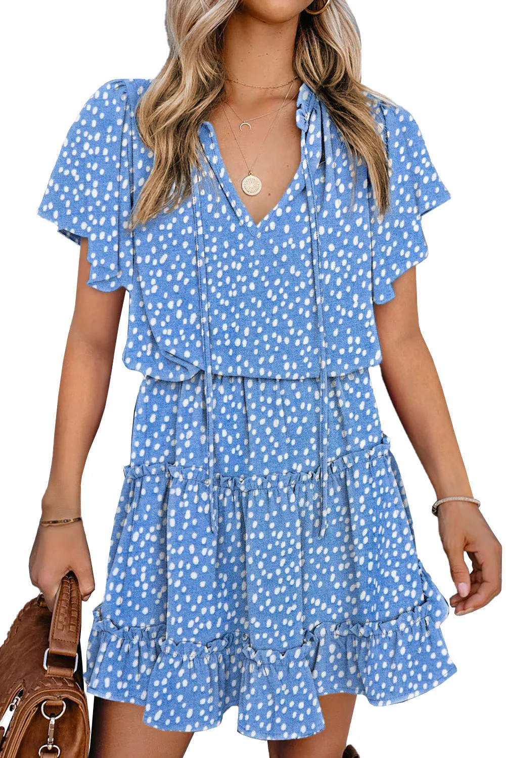 Polka Dot Split Neck Flowy Tiered Mini Dress