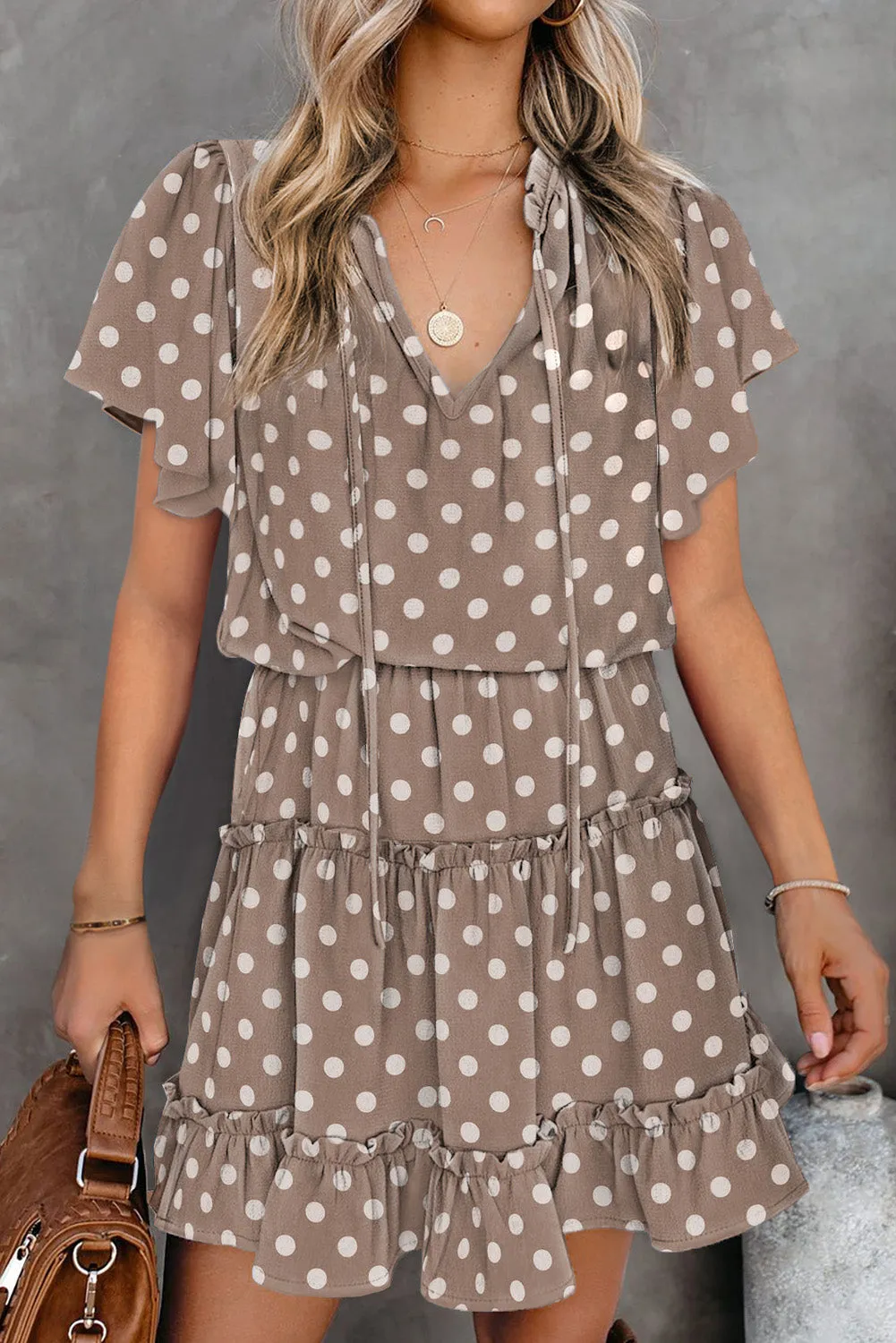 Polka Dot Split Neck Flowy Tiered Mini Dress