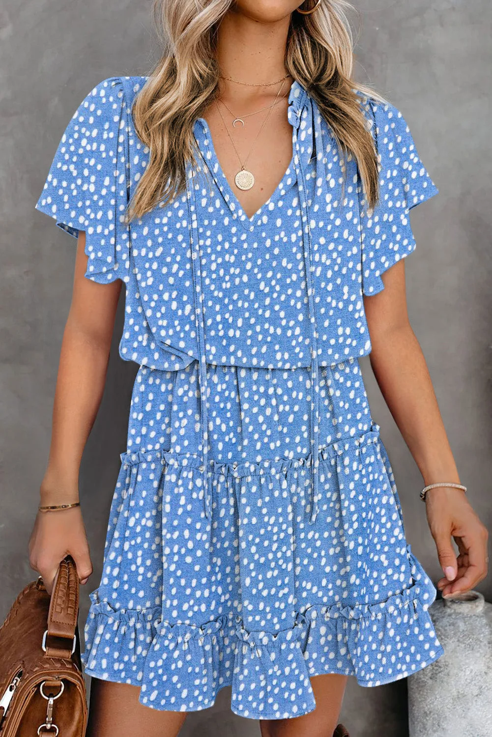 Polka Dot Split Neck Flowy Tiered Mini Dress