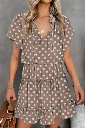 Polka Dot Split Neck Flowy Tiered Mini Dress