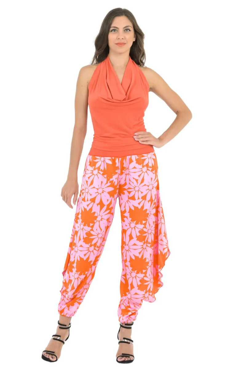 Satin Floral Harem Style Tango Pants With Slits