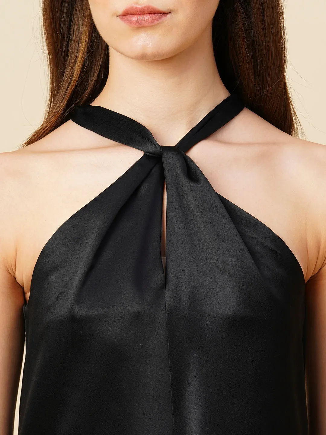 Satin Knotted Front Halter Neck Top