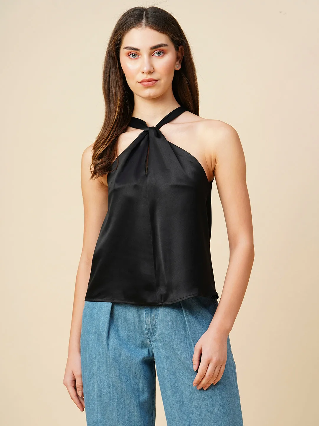 Satin Knotted Front Halter Neck Top