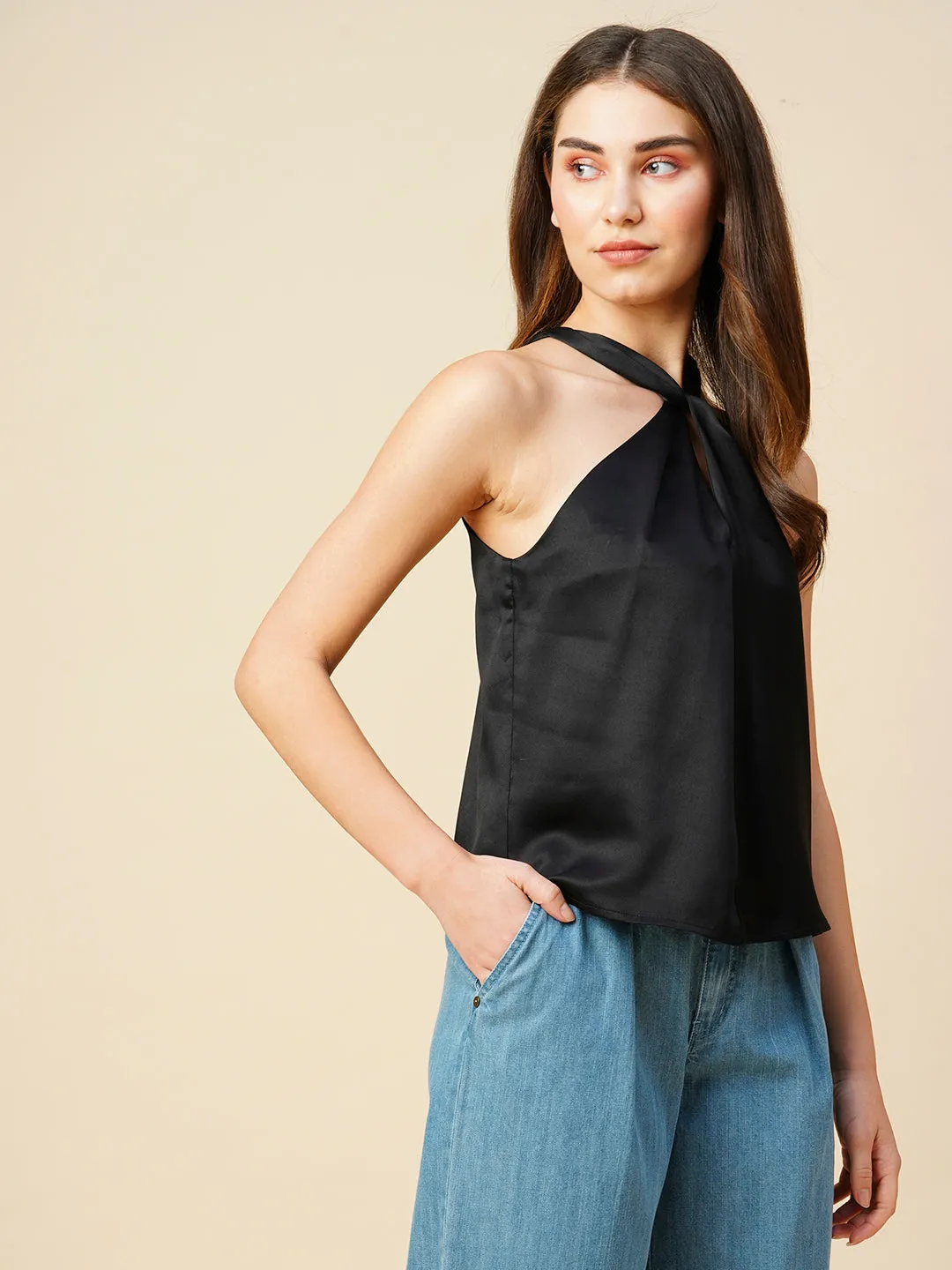 Satin Knotted Front Halter Neck Top