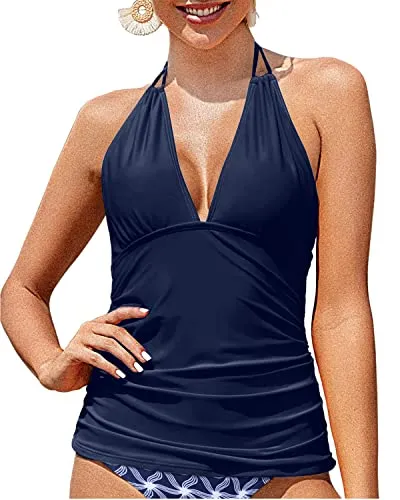 Sexy Deep V Neck Ruched Tankini Tops For Women Swimwear-Navy Blue