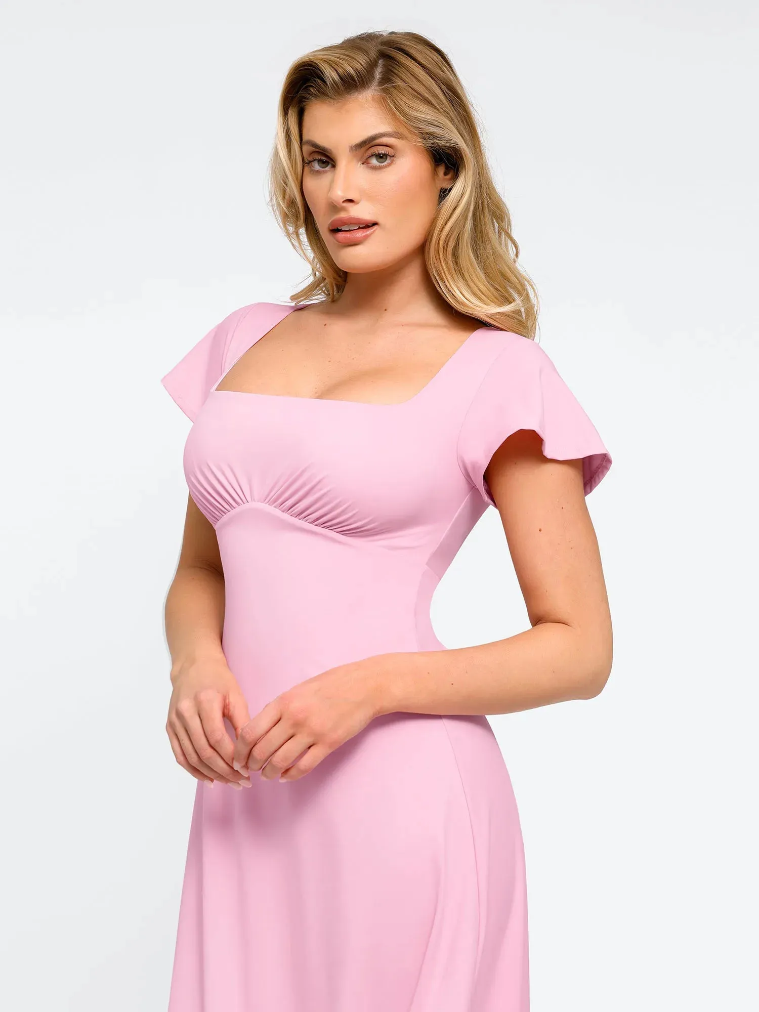 Shapewear Flutter Sleeve Sculpting A-Line Midi Dress