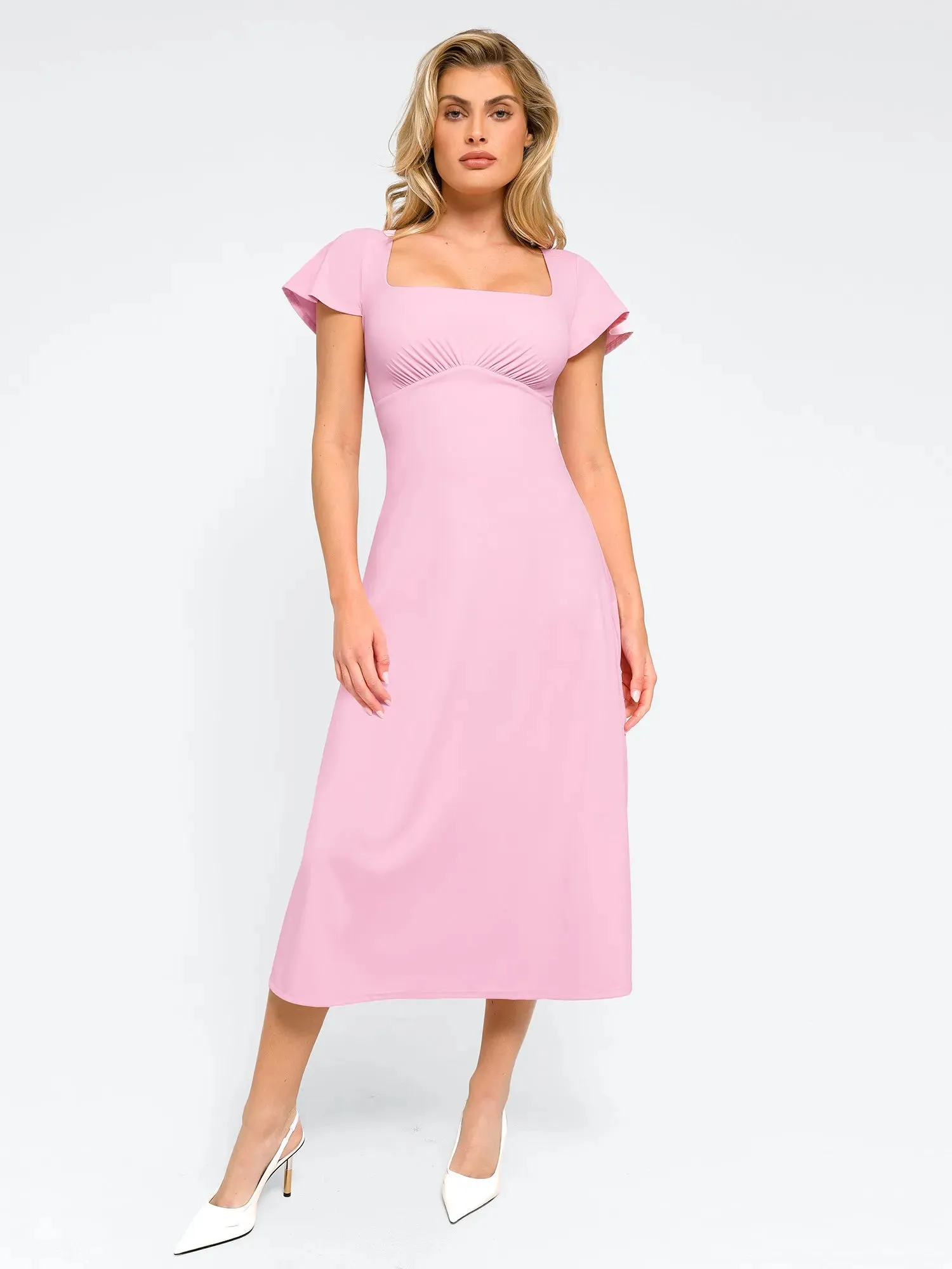 Shapewear Flutter Sleeve Sculpting A-Line Midi Dress