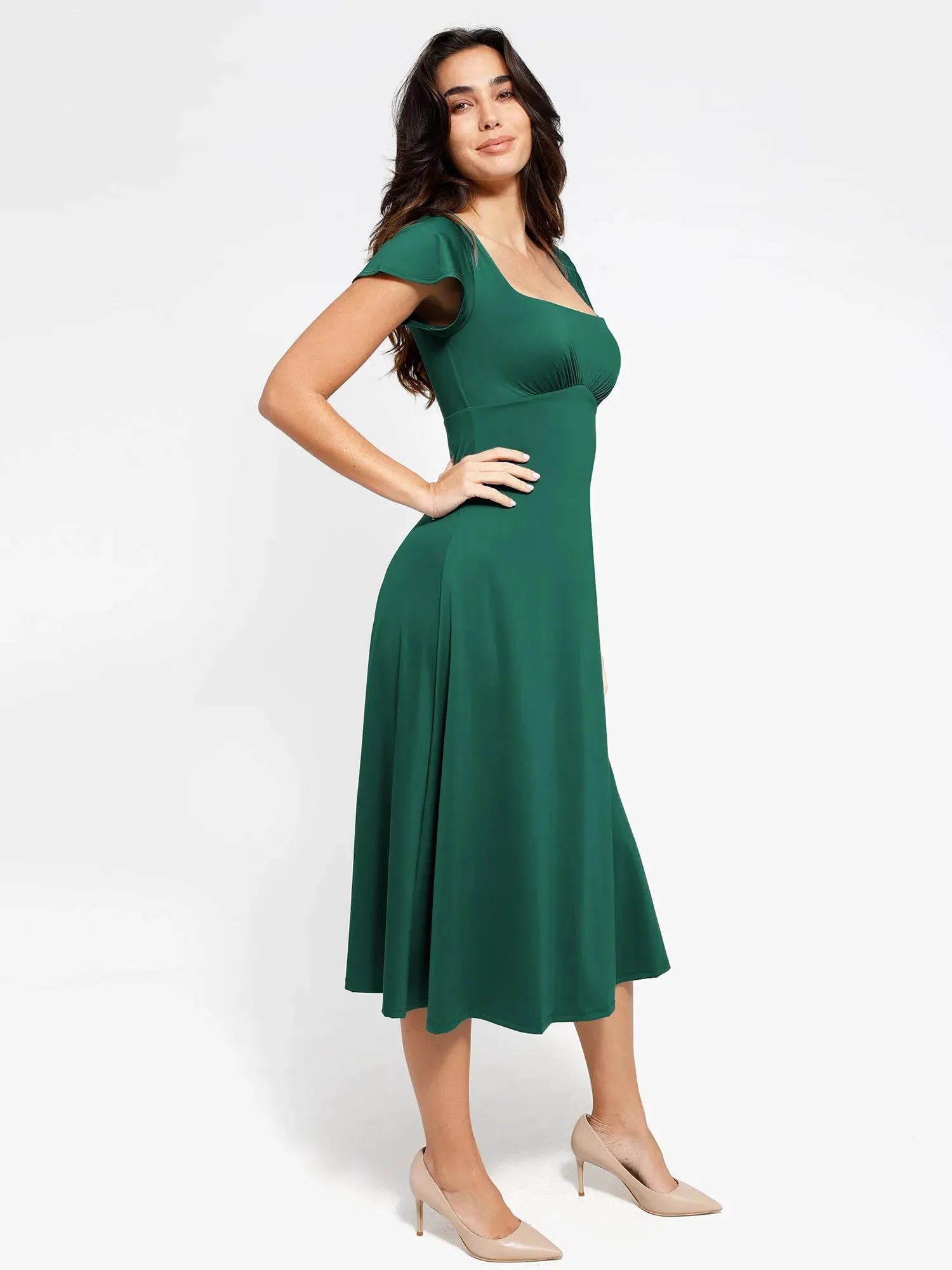 Shapewear Flutter Sleeve Sculpting A-Line Midi Dress