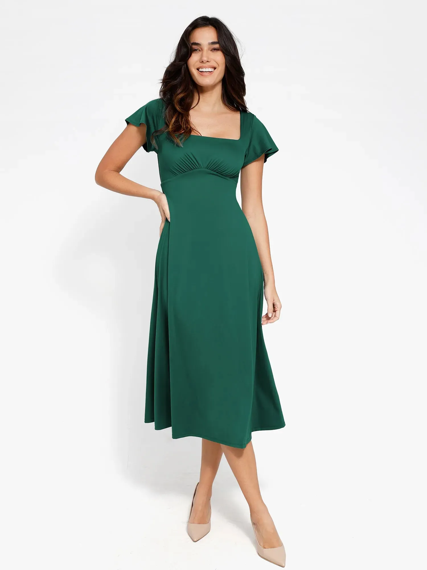 Shapewear Flutter Sleeve Sculpting A-Line Midi Dress