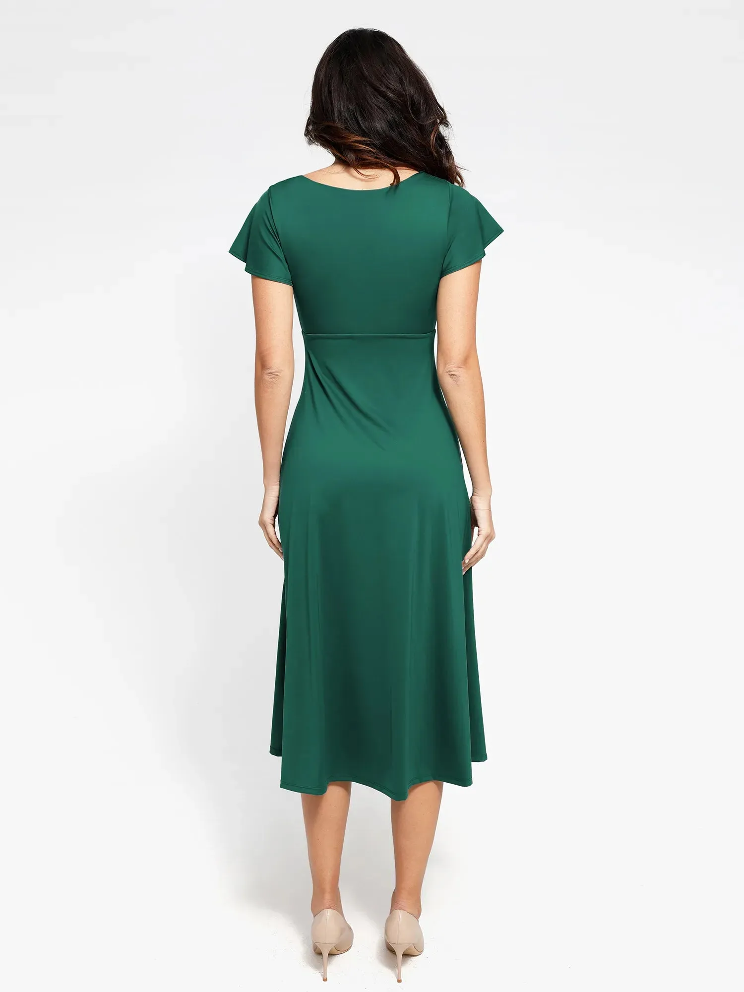 Shapewear Flutter Sleeve Sculpting A-Line Midi Dress