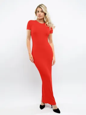 Shapewear Modal Short Sleeve Mock Neck Slimming Maxi Dress