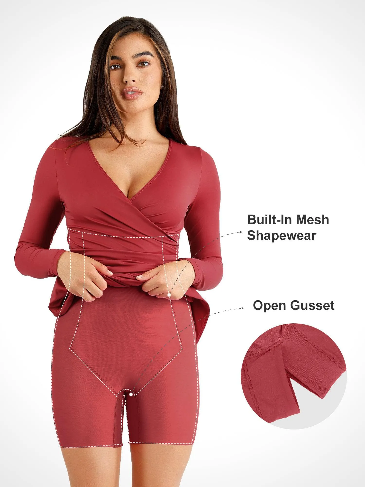 Shapewear Ruched Long Sleeve Faux Wrap Slimming Midi Dress For Insiders