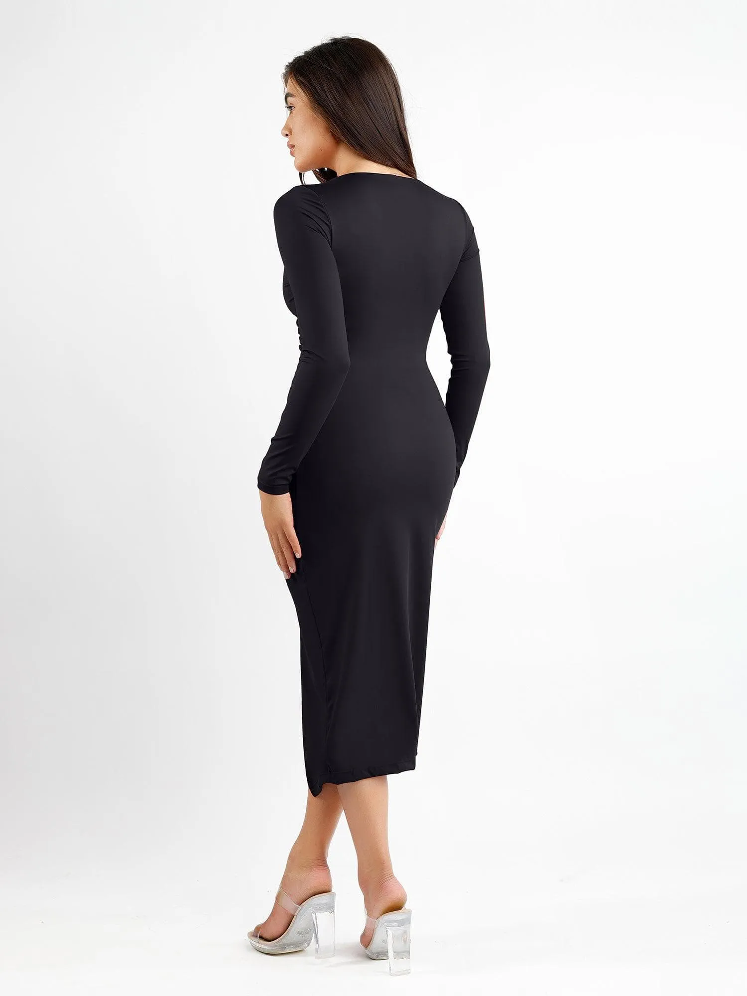 Shapewear Ruched Long Sleeve Faux Wrap Slimming Midi Dress For Insiders