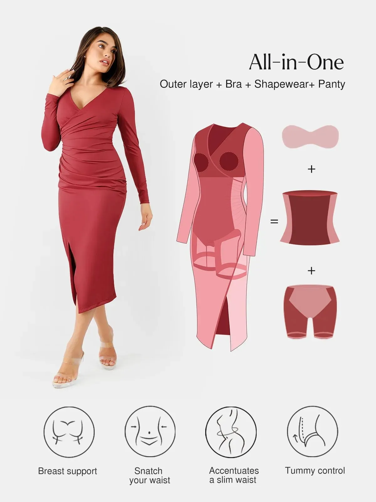 Shapewear Ruched Long Sleeve Faux Wrap Slimming Midi Dress For Insiders