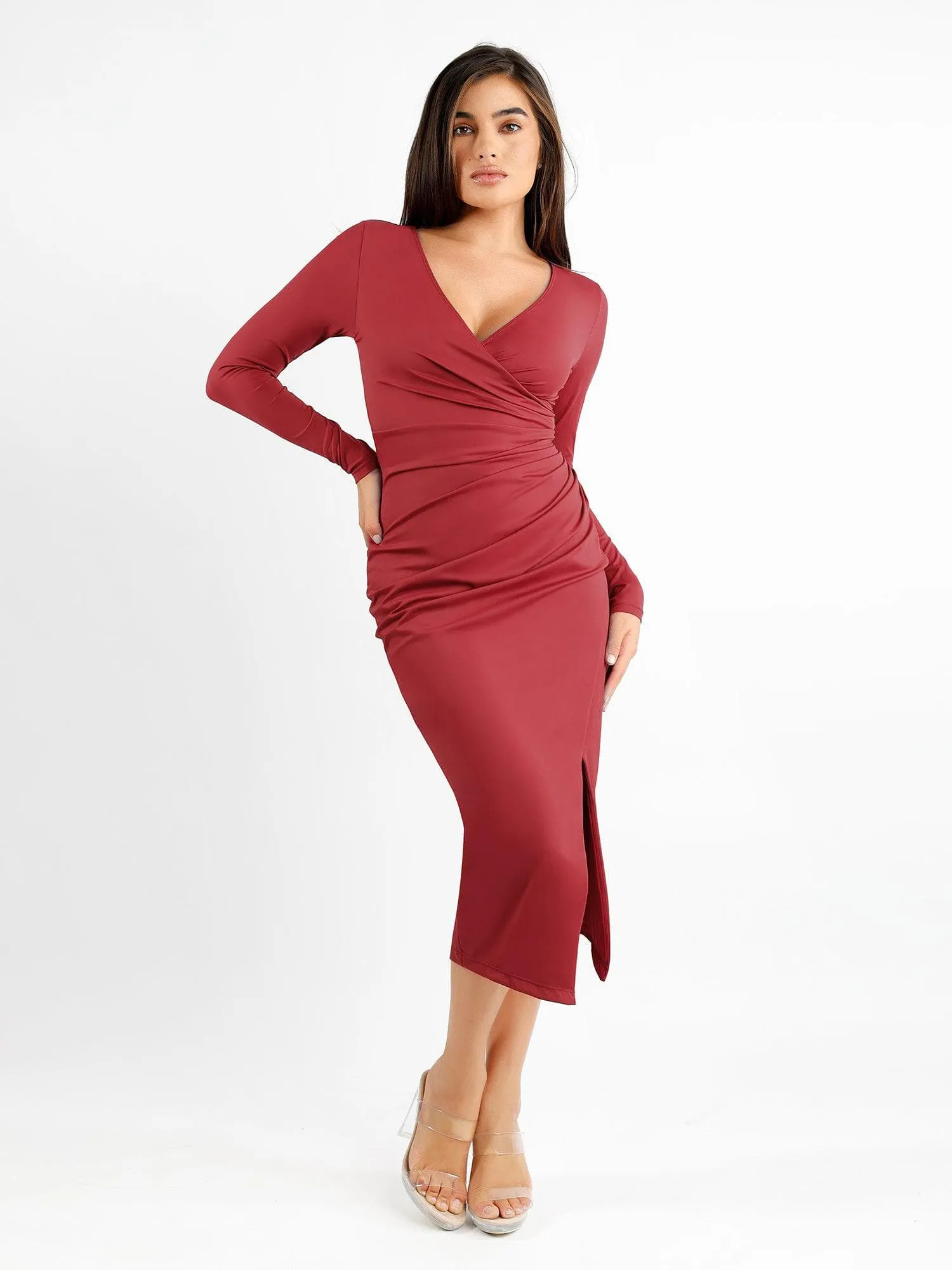 Shapewear Ruched Long Sleeve Faux Wrap Slimming Midi Dress For Insiders