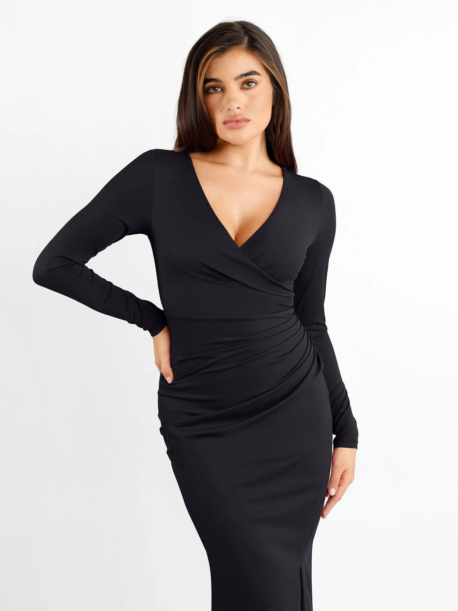 Shapewear Ruched Long Sleeve Faux Wrap Slimming Midi Dress For Insiders