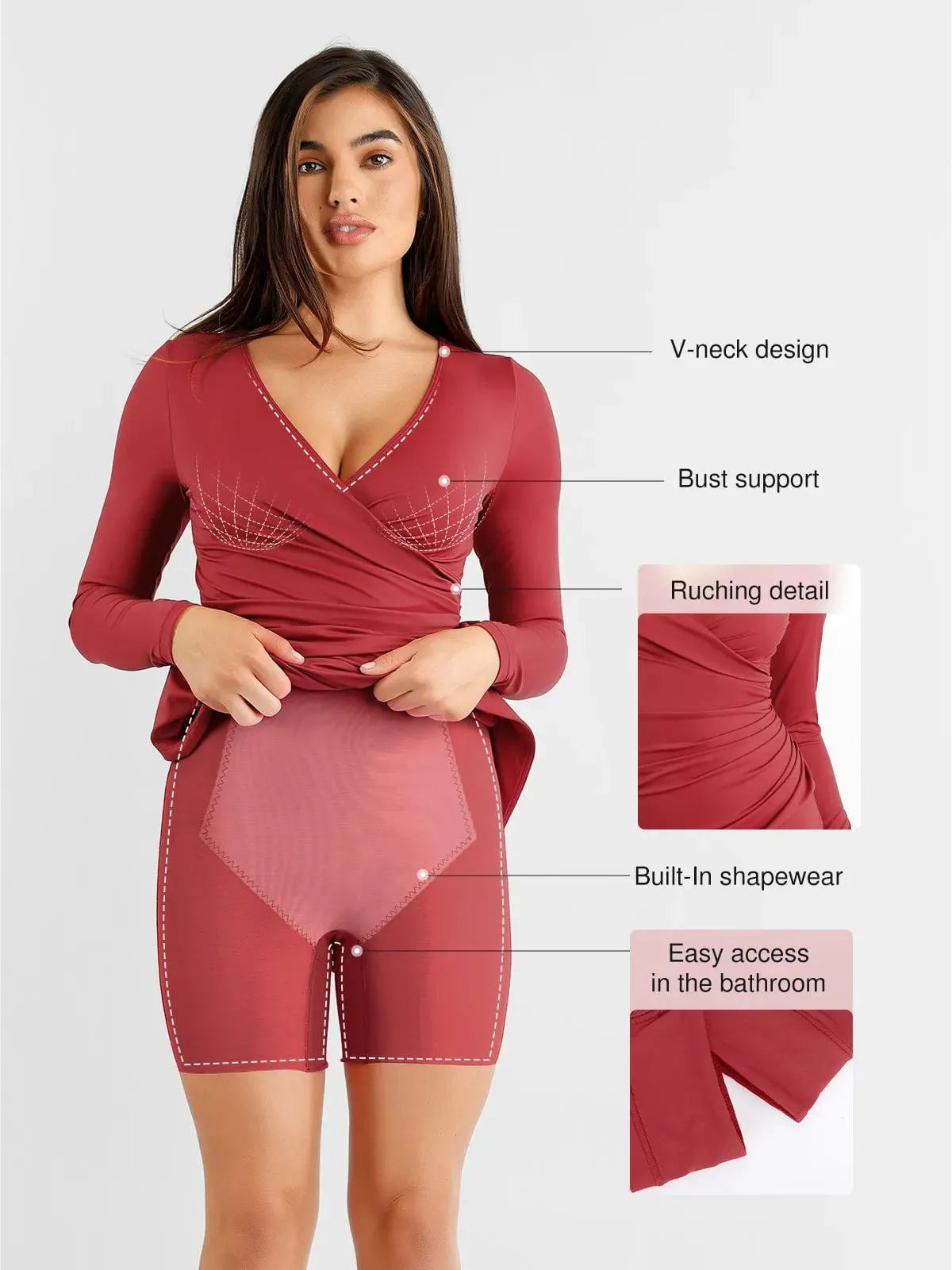 Shapewear Ruched Long Sleeve Faux Wrap Slimming Midi Dress For Insiders