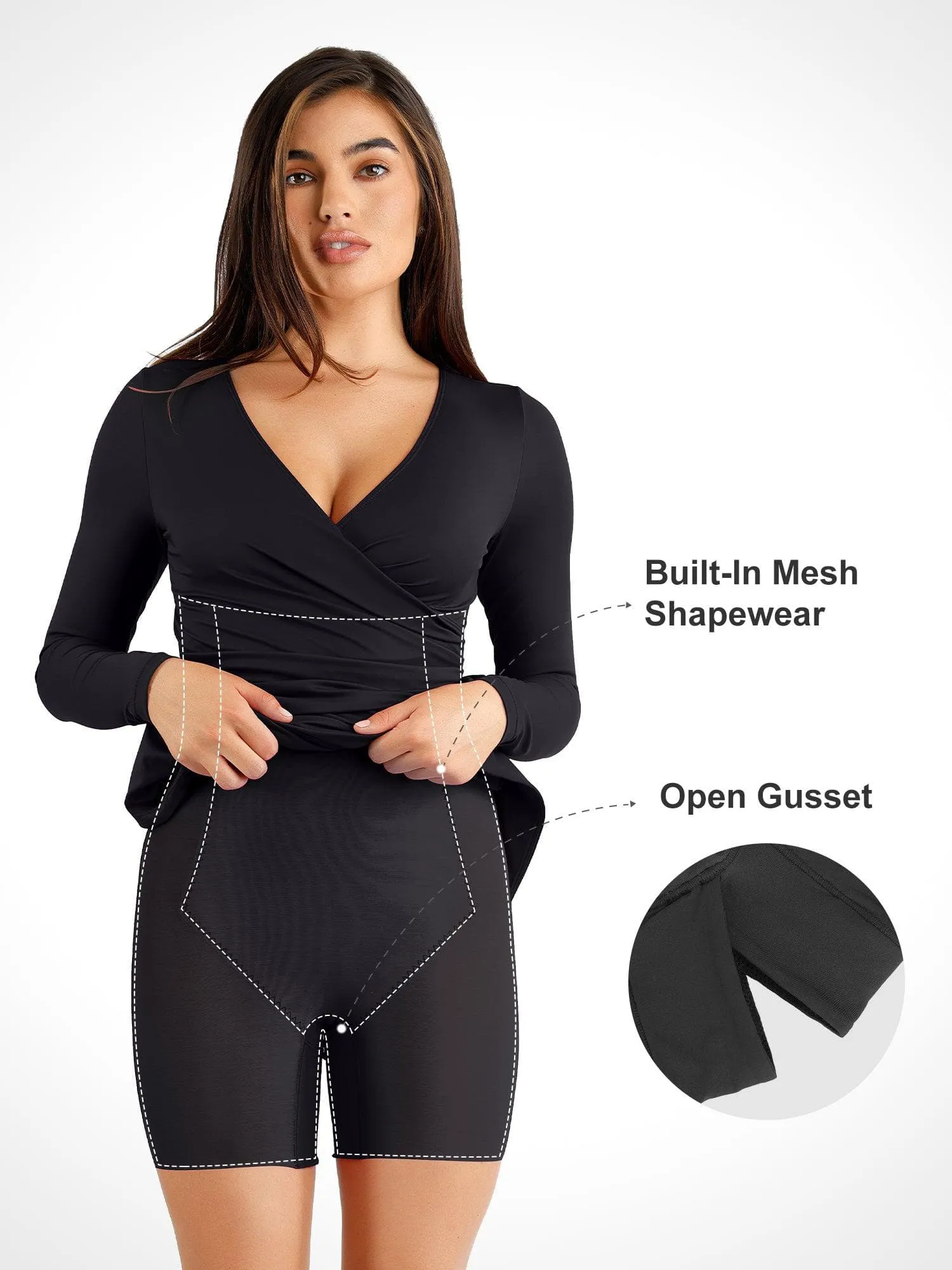 Shapewear Ruched Long Sleeve Faux Wrap Slimming Midi Dress For Insiders