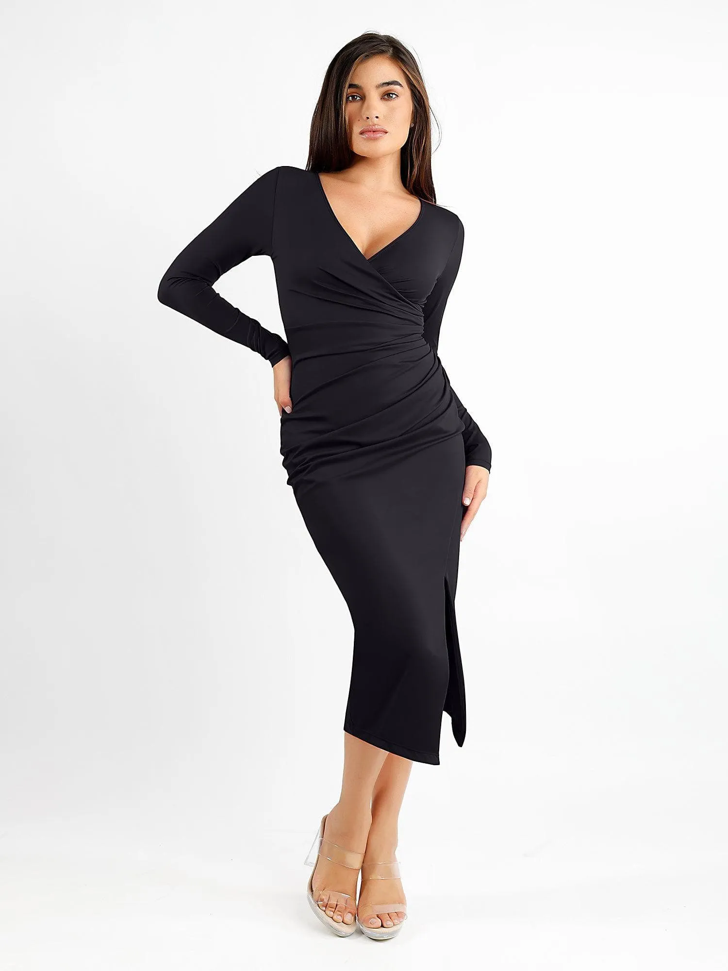 Shapewear Ruched Long Sleeve Faux Wrap Slimming Midi Dress For Insiders