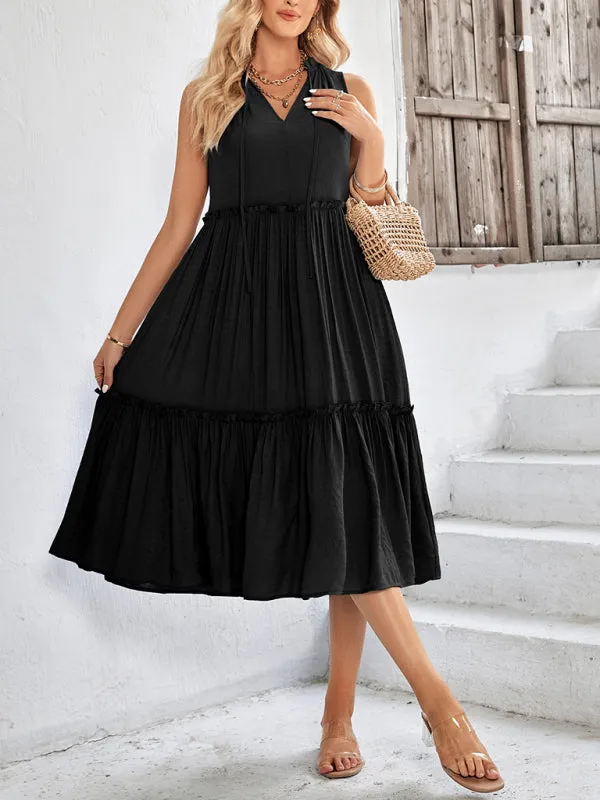 Solid Flowy Tiered Tie Midi Dress