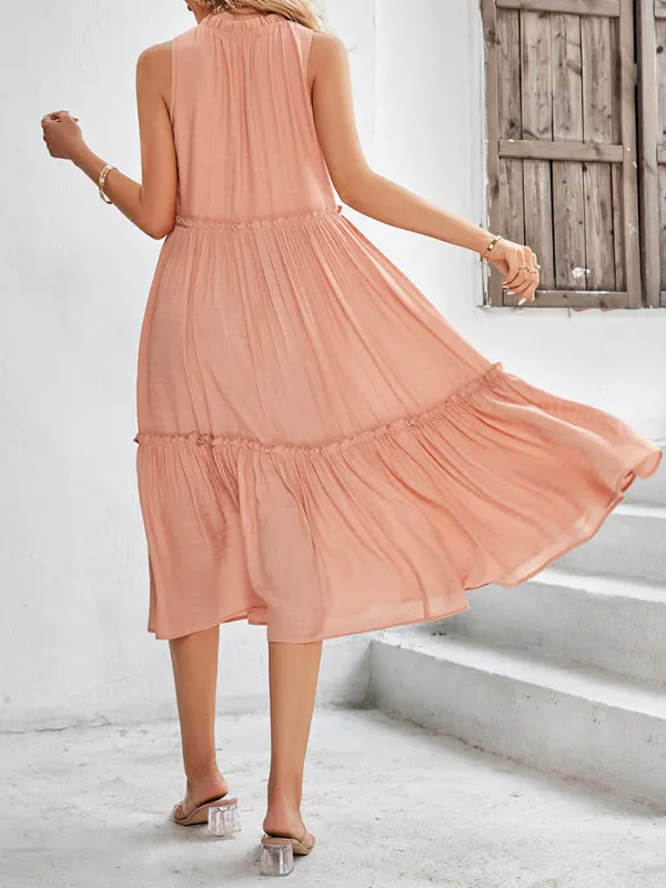 Solid Flowy Tiered Tie Midi Dress