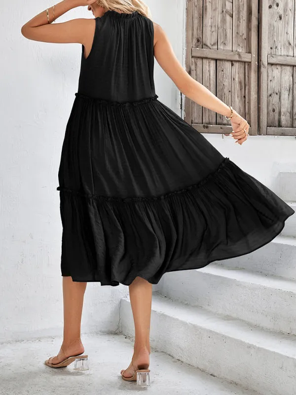 Solid Flowy Tiered Tie Midi Dress