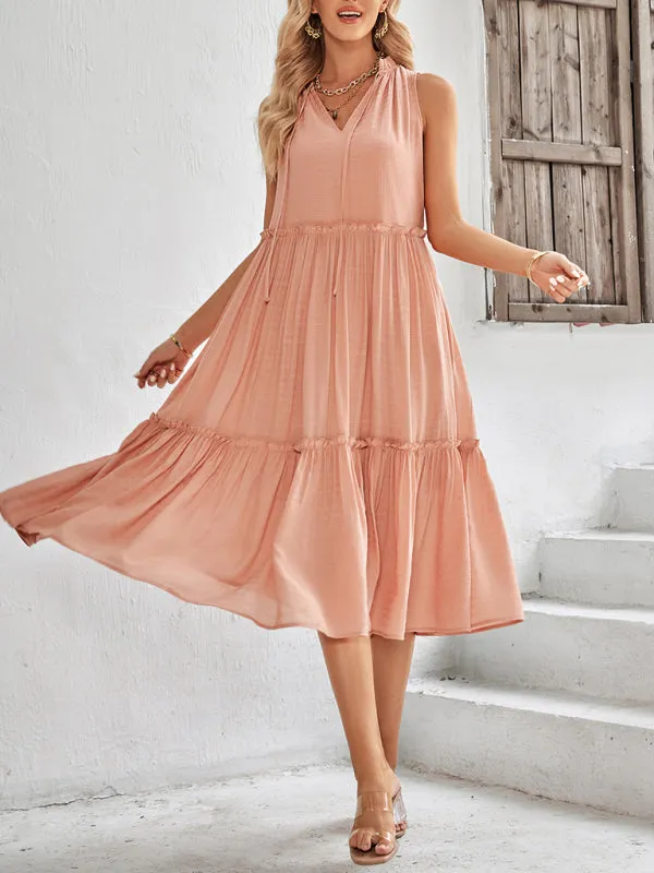 Solid Flowy Tiered Tie Midi Dress