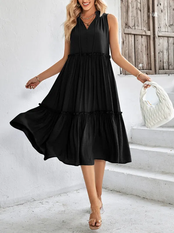 Solid Flowy Tiered Tie Midi Dress