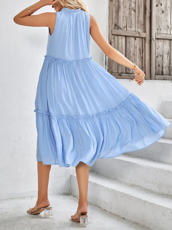 Solid Flowy Tiered Tie Midi Dress