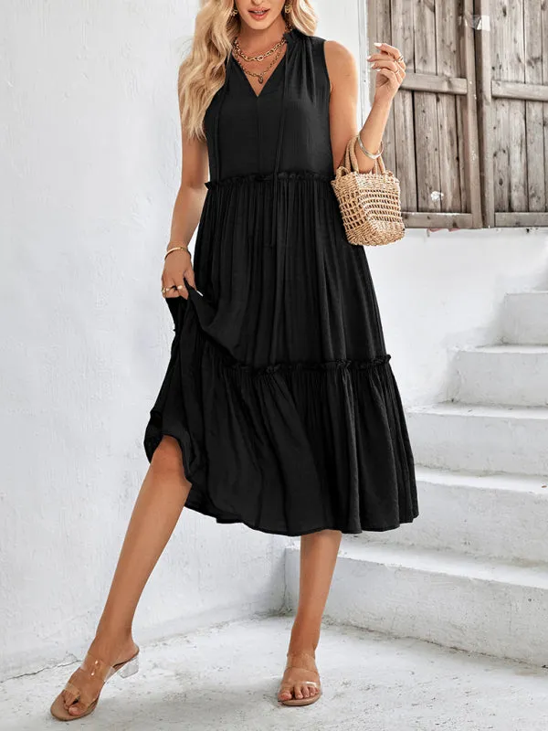 Solid Flowy Tiered Tie Midi Dress