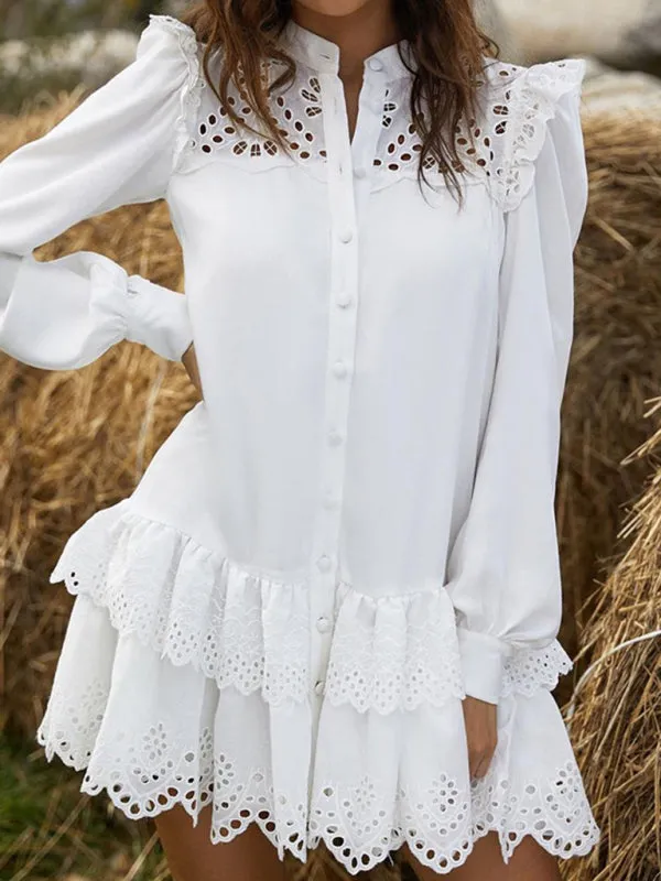 Solid Guipure Lace Accents Button Long Sleeve Ruffle Dress