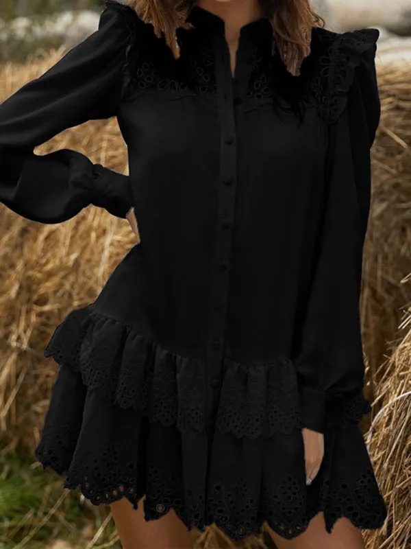 Solid Guipure Lace Accents Button Long Sleeve Ruffle Dress