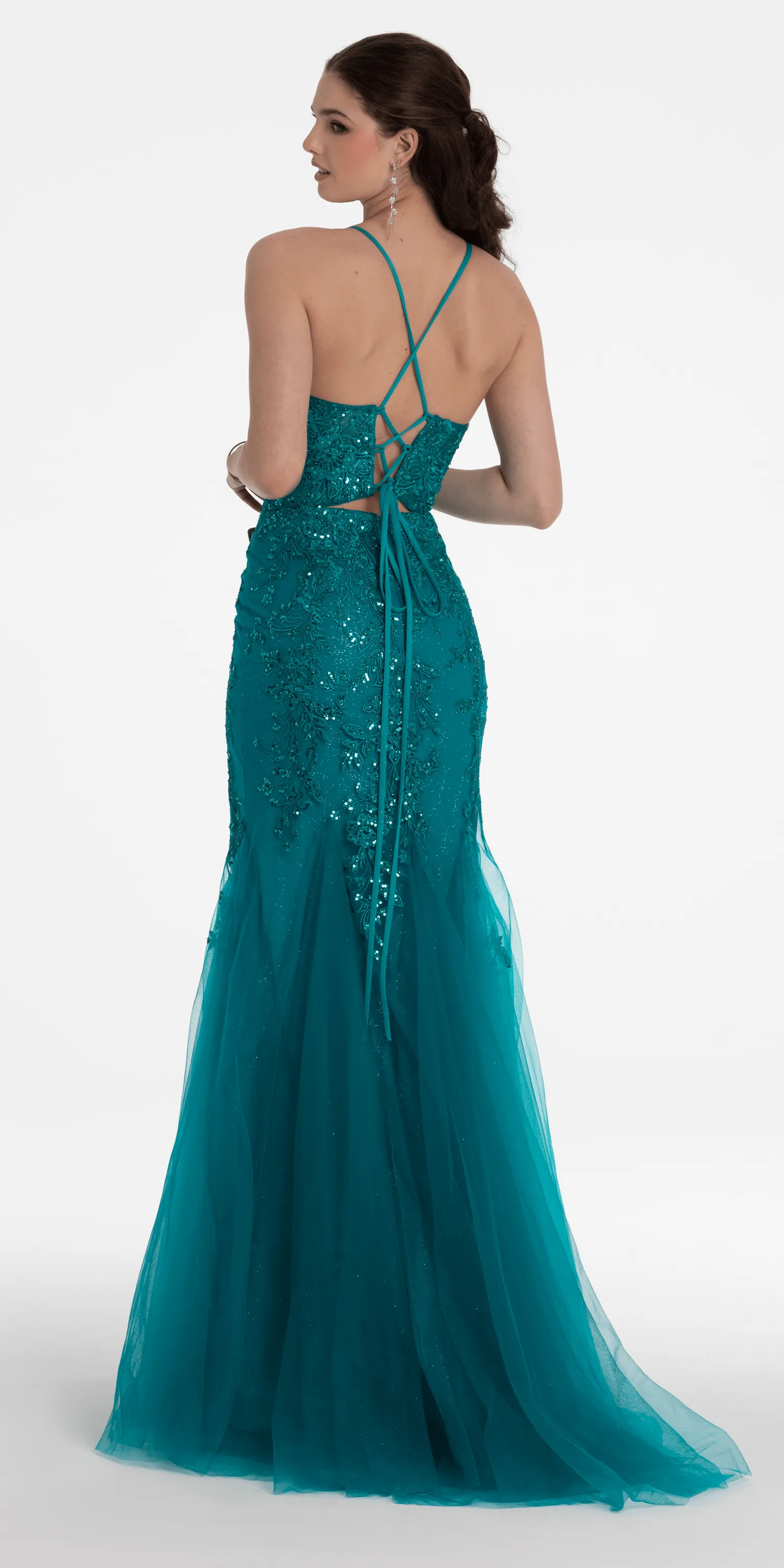 Strappy Lace Up Back Keyhole Embroidered Mermaid Dress