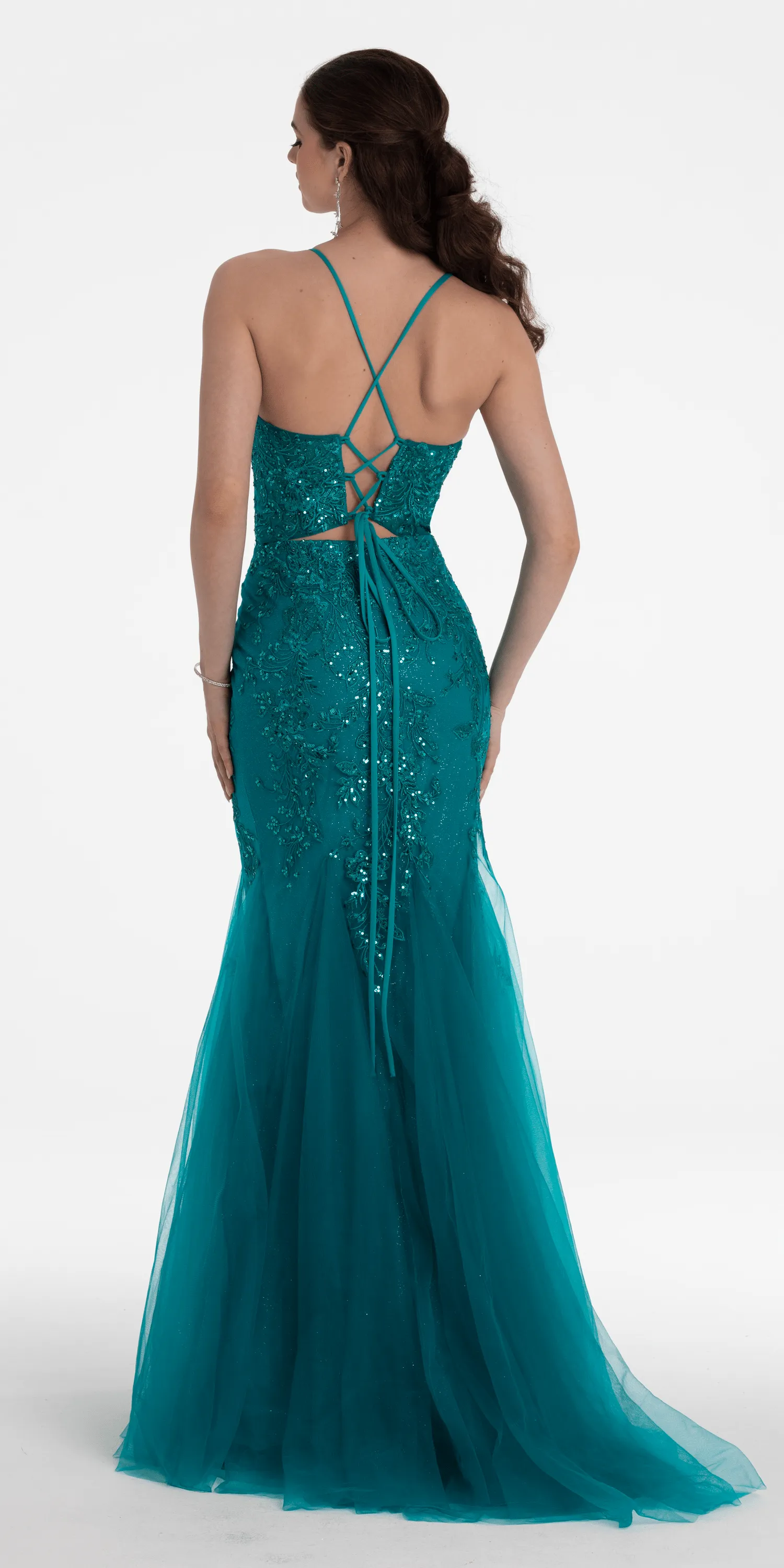 Strappy Lace Up Back Keyhole Embroidered Mermaid Dress