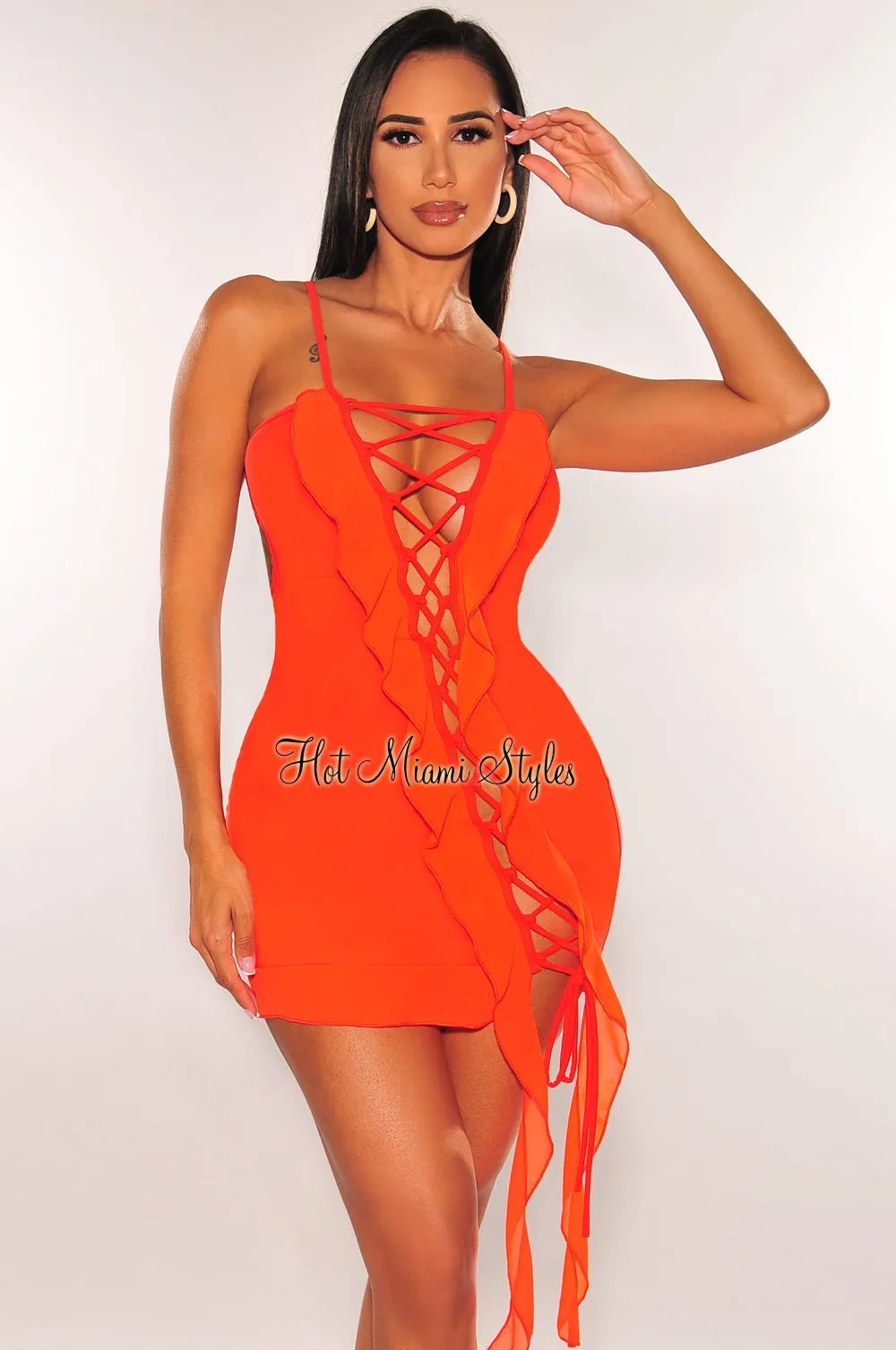 Tangerine Spaghetti Straps Lace Up Ruffle Strappy Back Mini Dress