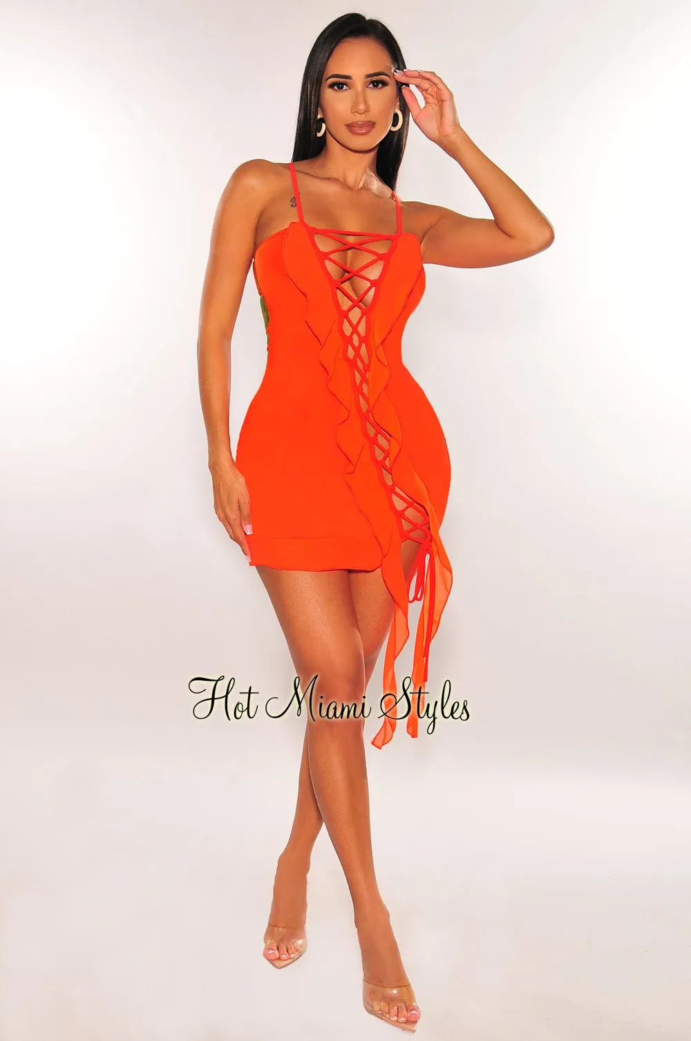 Tangerine Spaghetti Straps Lace Up Ruffle Strappy Back Mini Dress