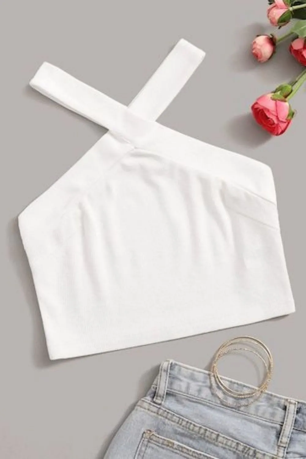 White Halter Neckline Crop Top