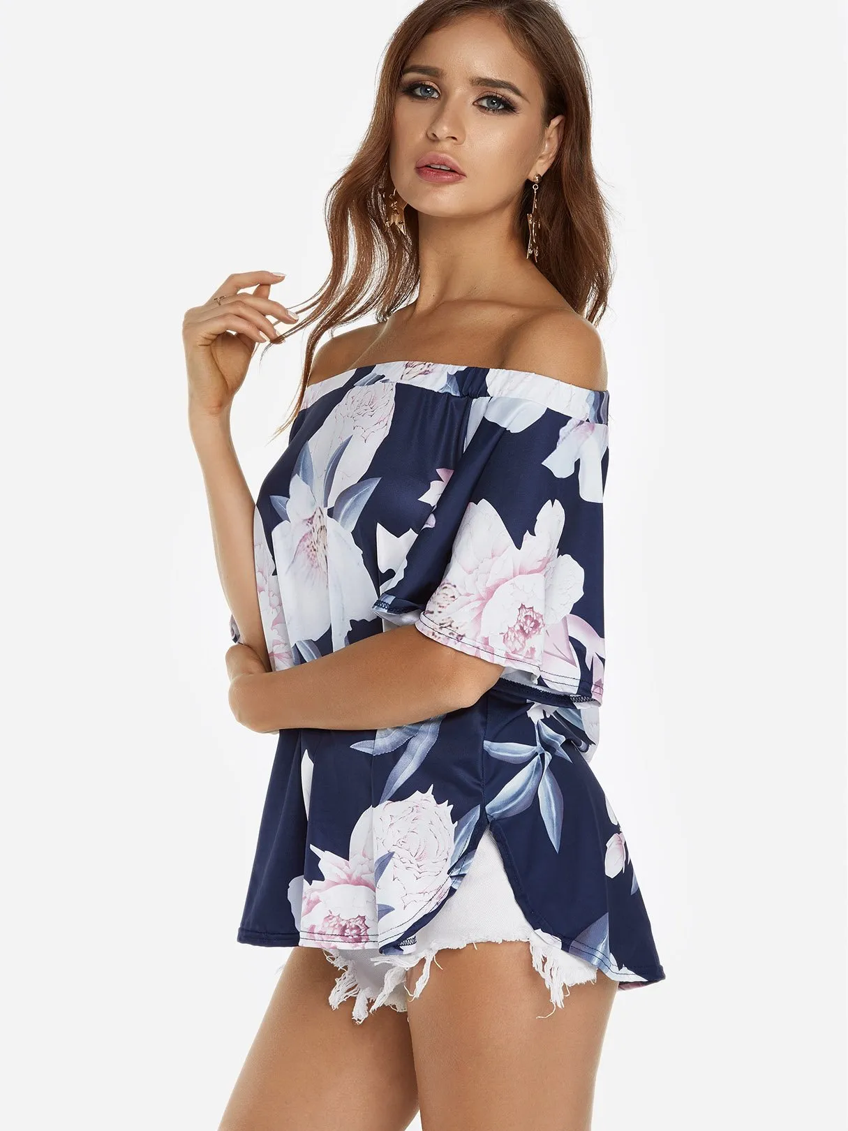 Wholesale Navy Off The Shoulder Half Sleeve Floral Print Curved Hem Blouses