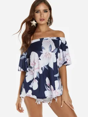 Wholesale Navy Off The Shoulder Half Sleeve Floral Print Curved Hem Blouses