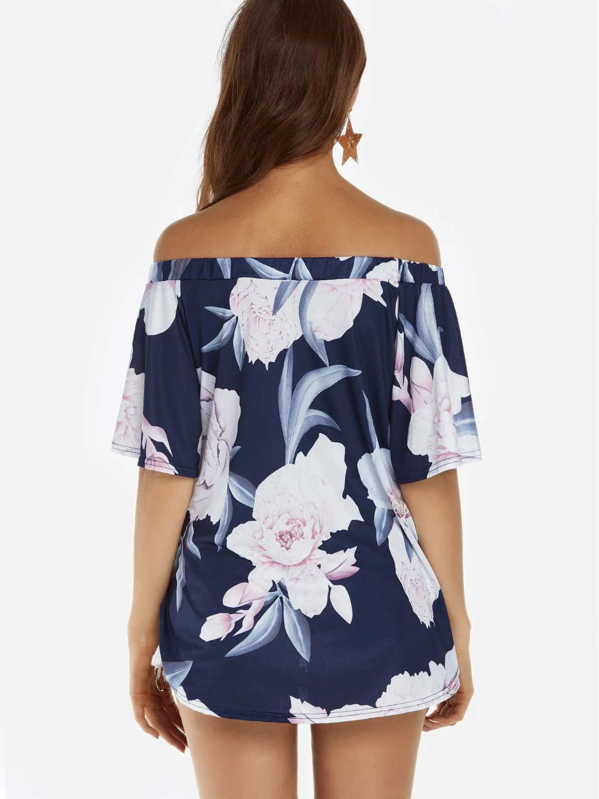 Wholesale Navy Off The Shoulder Half Sleeve Floral Print Curved Hem Blouses