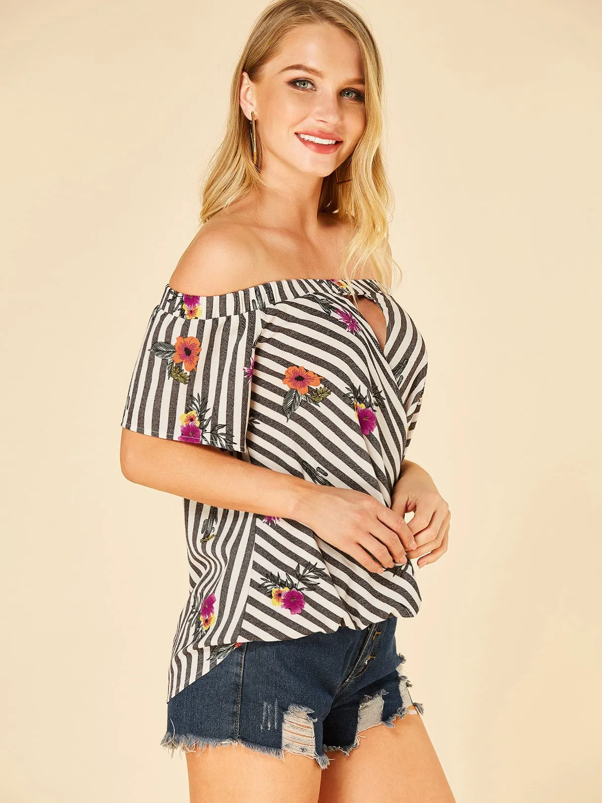 Wholesale Off The Shoulder Stripe Hollow Short Sleeve Blouses