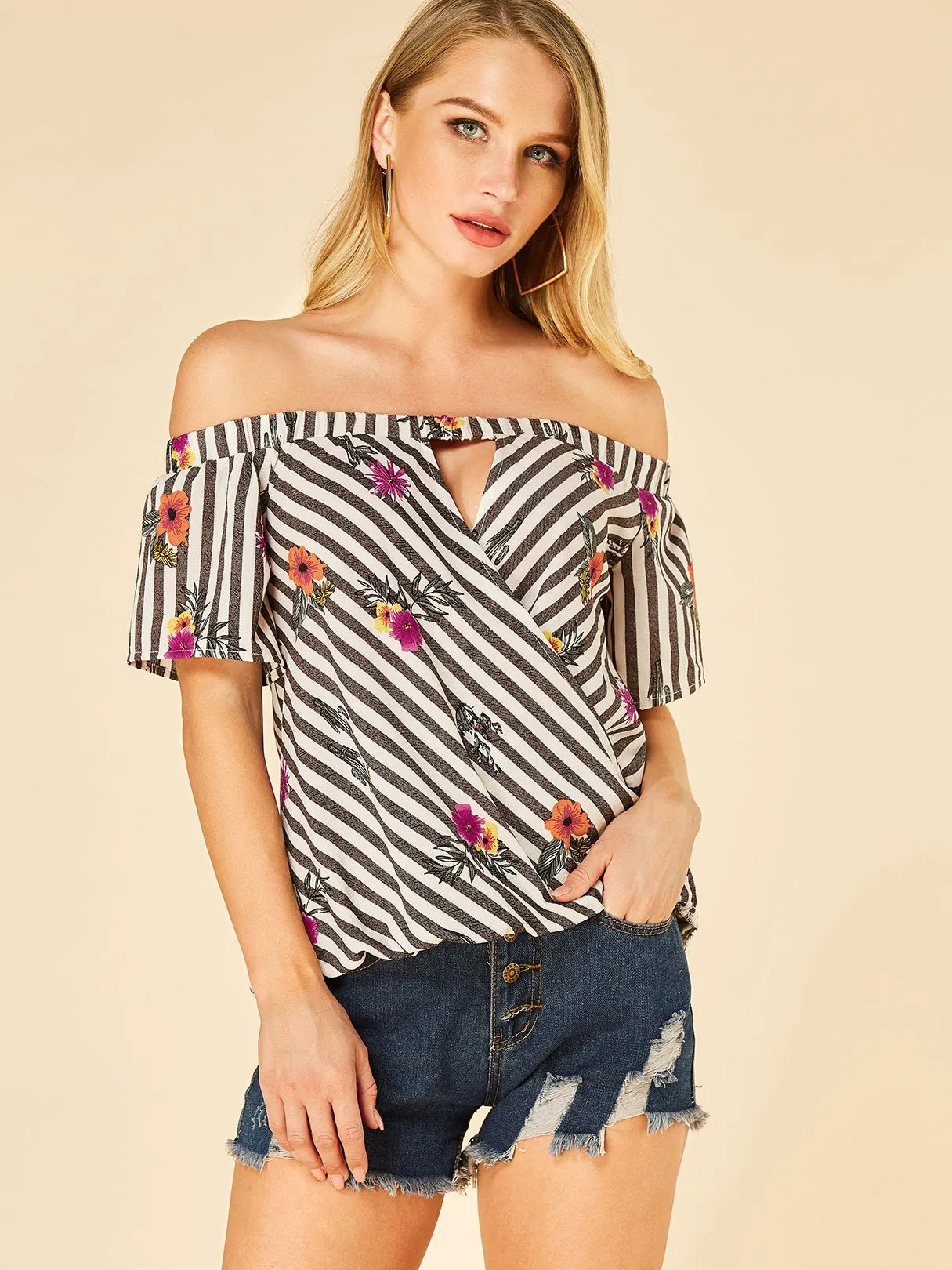 Wholesale Off The Shoulder Stripe Hollow Short Sleeve Blouses