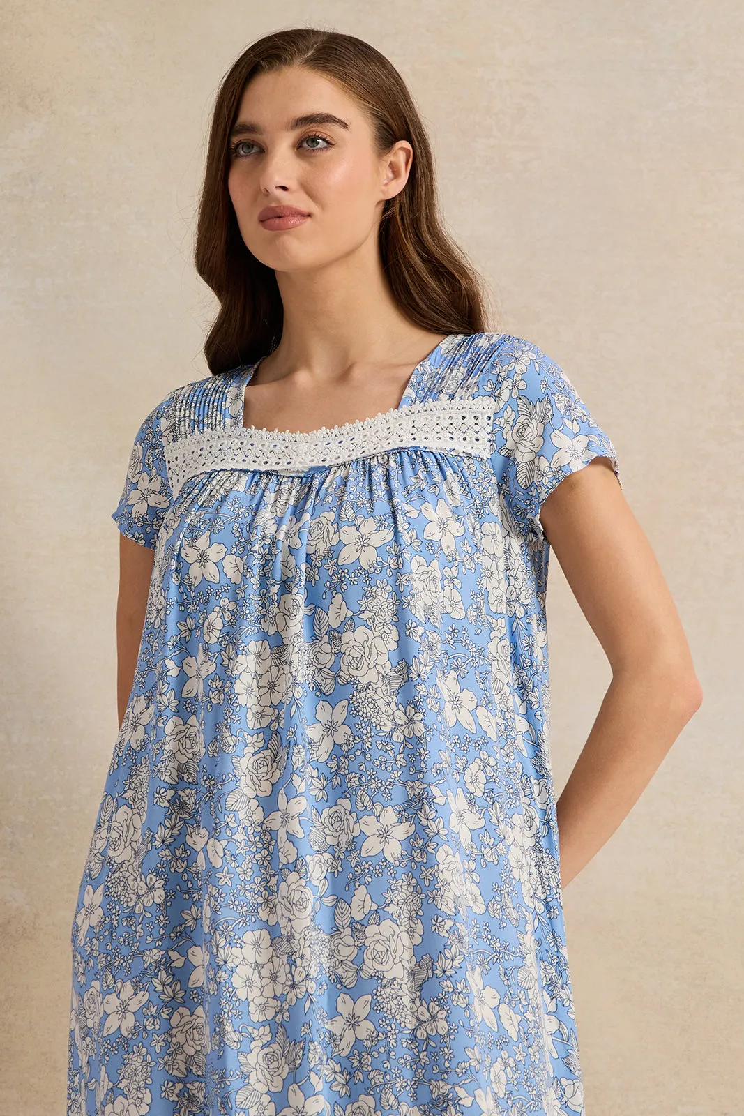 Women Blue Floral With Lace Detail Nightgown