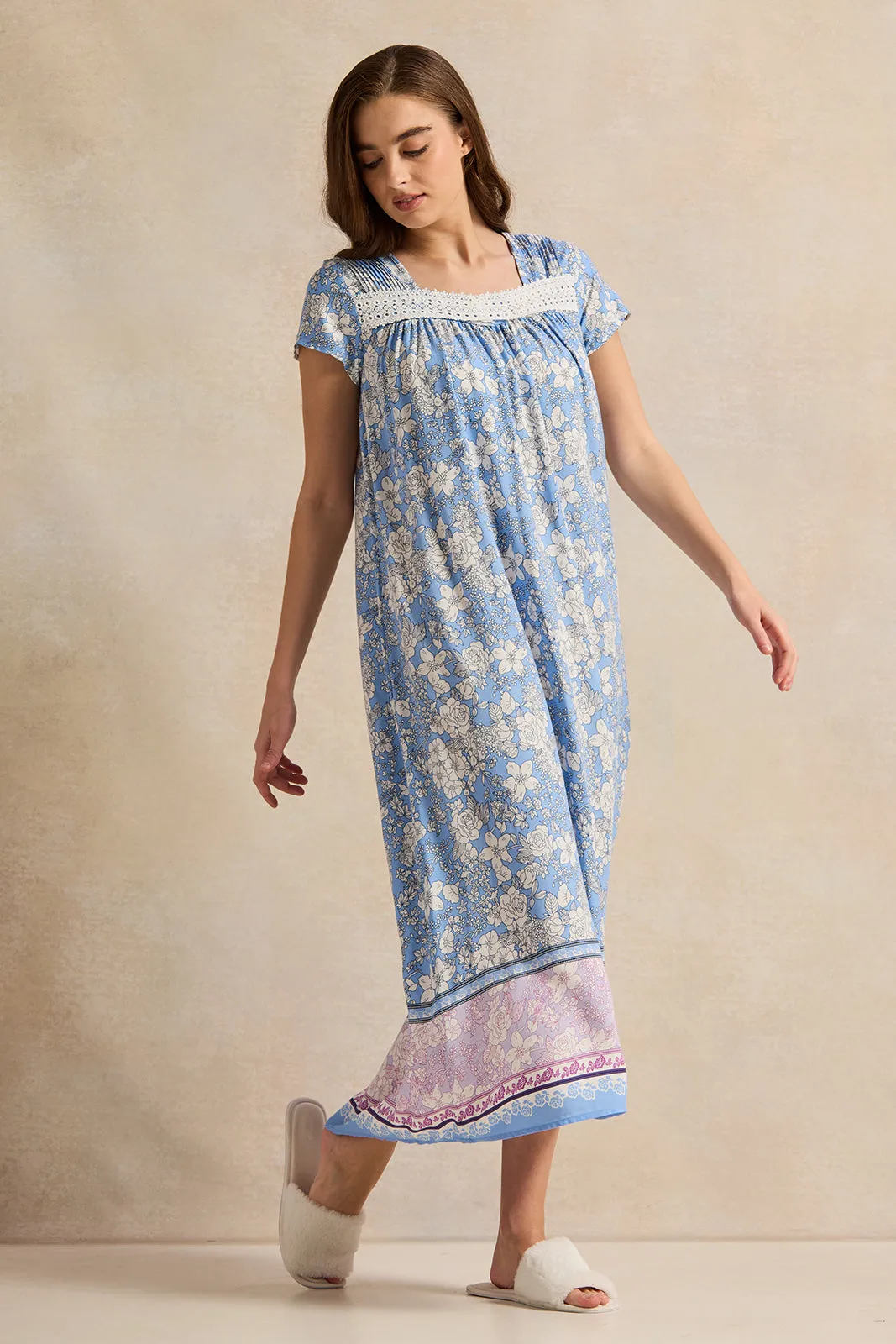 Women Blue Floral With Lace Detail Nightgown